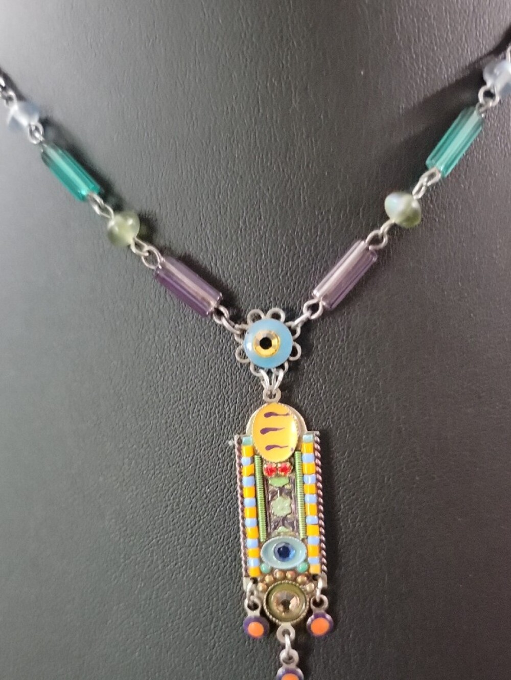 ADAYA Teal Purple Yellow Enamel Pendant Necklace